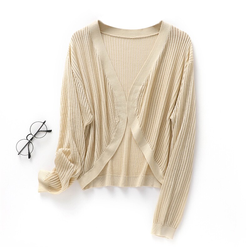 100%丝光棉无扣镂空开衫夏季新防晒衫宽松韩版针织外搭外套空调衫，女装蕾丝衫/雪纺衫，东远绒业