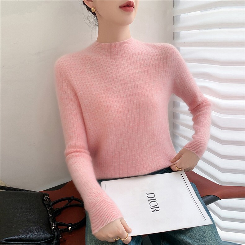 简约百搭修身羊绒衫2025秋冬女半高领纯色毛衣羊毛针织打底衫白色,女装羊绒衫,牧群羊绒