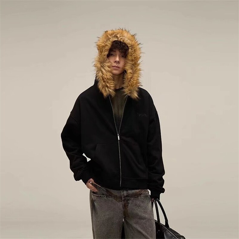 【】美式复古毛领情侣连帽秋冬拉链开衫卫衣SF06 P56图片