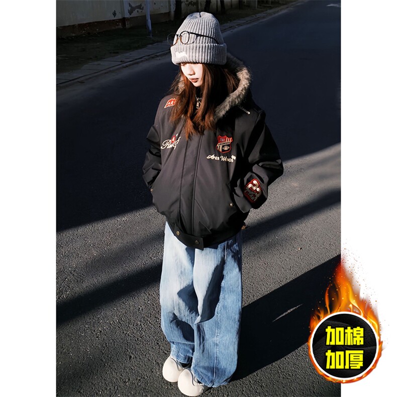 现货高品质美式高街重磅刺绣座山雕大毛毛领棉衣男女加厚棉服外套，男装棉衣，电商A486-1