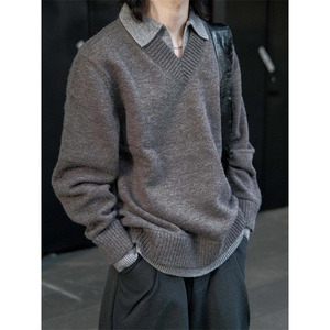 假两件v领毛衣男款冬季翻领老钱风针织衫上衣慵懒风外套 MY378图片