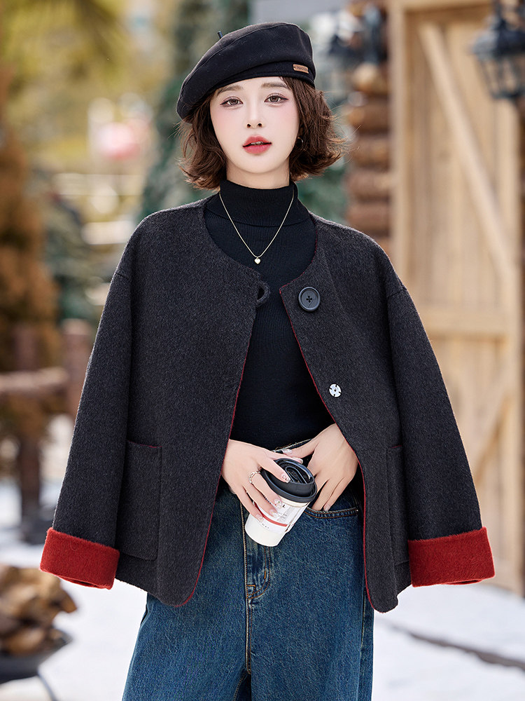 极简风撞色绒双面羊绒大衣女短款宽松显瘦气质一粒扣毛呢外套,女装双面呢大衣,衣之秀