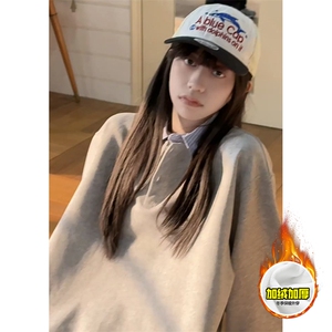 重磅加绒硬挺boxy男女美式高街假两件衬衫领长袖卫衣POLO领打底衫图片