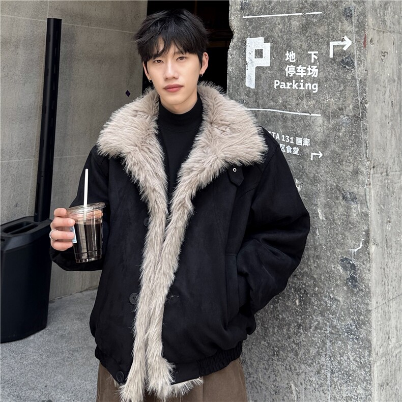 美式复古冬季男防鹿皮绒棉服座山雕毛领拼接铆钉外套,男装棉衣,电商C307