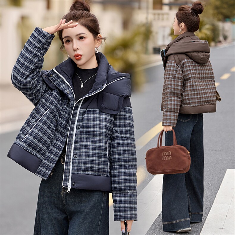 时尚格子连帽短款羽绒服女2025年冬季新款加厚保暖减龄白鸭绒外套，女装羽绒服，丽影随形