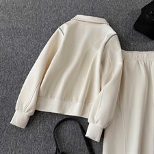 女春秋高级感穿搭一整套时尚套装竖纹立领开衫外套阔腿卫裤两件套图片