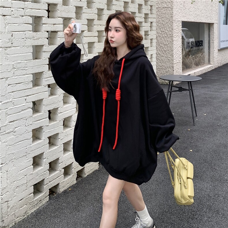 不挑人中长款连帽卫衣帽绳撞色装饰2C167-870-P155-K218,女装卫衣/绒衫,2C167