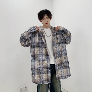 美式复古上衣男设计感小众衬衣外套潮扎染格子连帽衬衫潮流图片