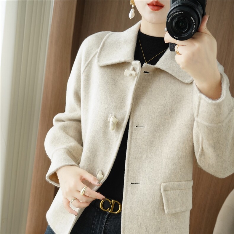 2025年秋季常规修身型时尚百搭短款呢子外套羊毛双面呢大衣，女装毛呢外套，贝源羊绒