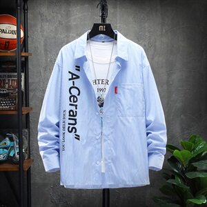 【】A003-HS2003-P50春装新款条纹翻领港风衬衫 展架挂拍图片
