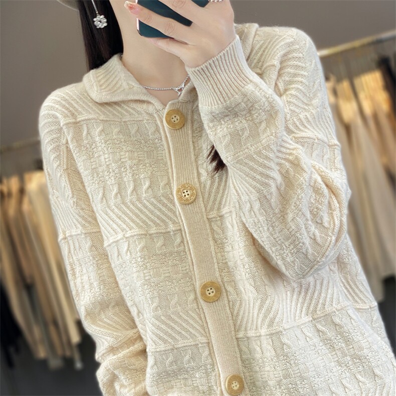 2025秋冬百搭时尚简约翻领纽扣开衫，女装针织衫/毛衣，浙麦羊绒