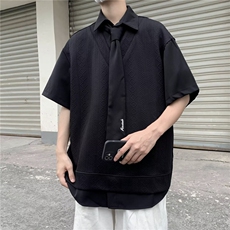 新中式立领男士衬衫短袖夏季痞帅高级感男装七分中袖无领衬衣，男装衬衫，星座1013
