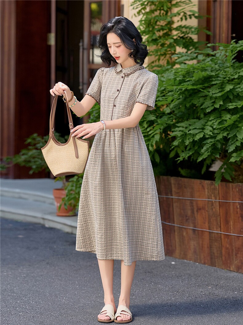 学院风格纹连衣裙女春夏收腰显瘦中长裙格子裙子,女装连衣裙,水衣源