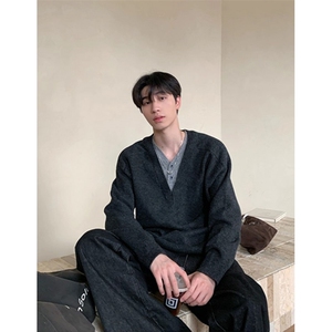 春秋复古慵懒风假两件叠穿衬衫领短款卫衣男士宽松版外套 M5346图片