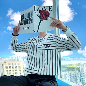 AW218/P78控108夏季秋季社会小伙圆领条纹撞色设计打底卫衣男黑首图片