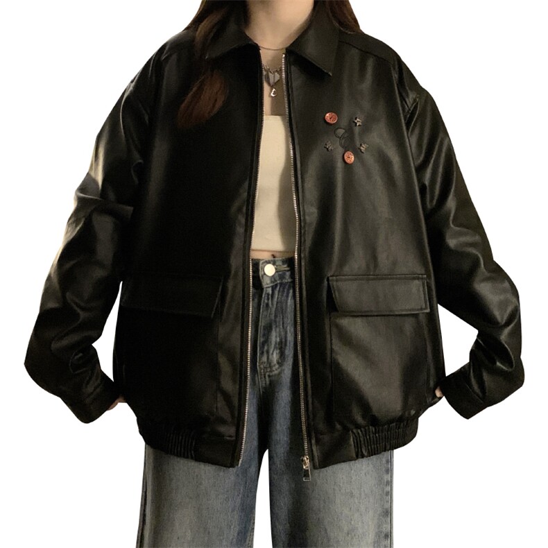复古皮衣外套女春秋宽松显瘦百搭设计感纽扣装饰机车服潮C705-110,男装皮衣,星座911-2(原星座613-2）