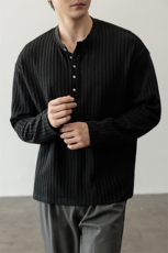 秋季时尚老钱风亨利领纯色纹理感大码长袖T恤男T24512-特P35控65，男装T恤，电商A001