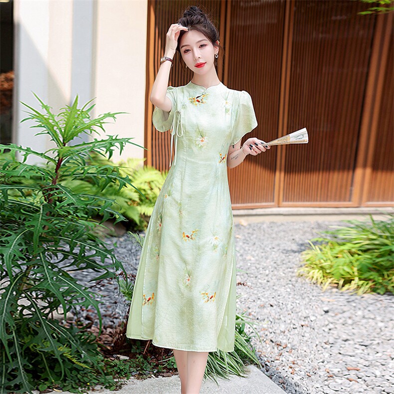 适合高考生妈妈穿的旗袍旗开得胜中考送考衣服绿色旗袍宽松款夏季,女装连衣裙,蓝诺裳