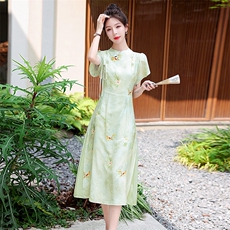 适合高考生妈妈穿的旗袍旗开得胜中考送考衣服绿色旗袍宽松款夏季，女装连衣裙，蓝诺裳