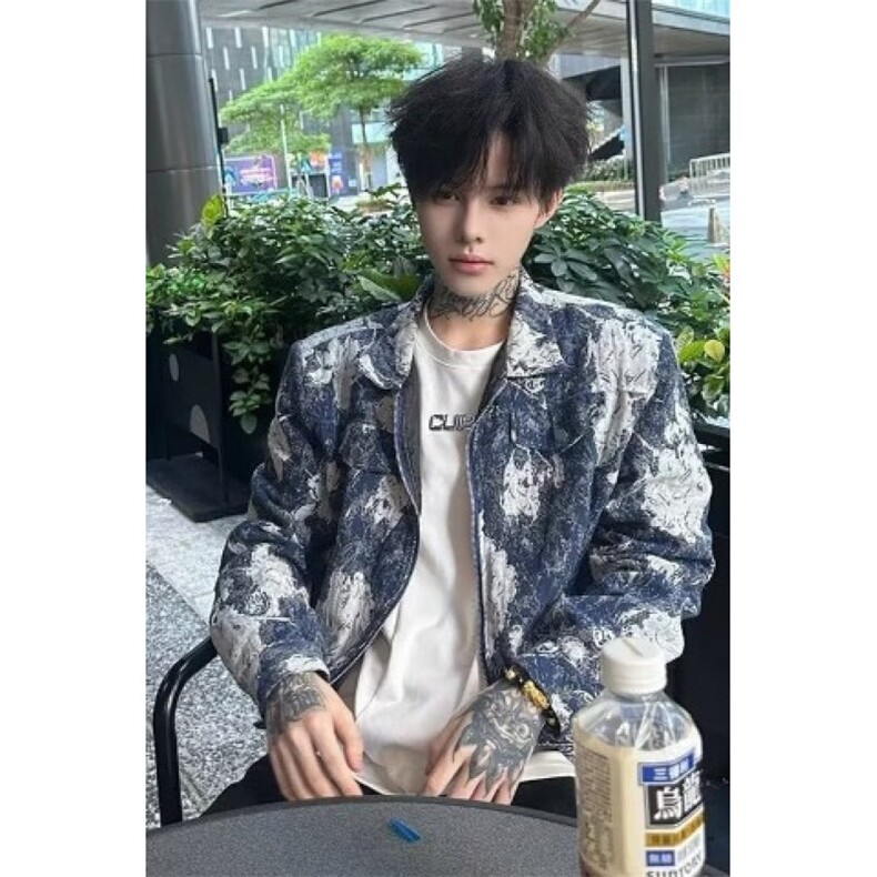 渐变扎染巴洛克外套男潮高级感痞帅韩系风格穿搭翻领垫肩短款夹克,男装夹克,星座601-1