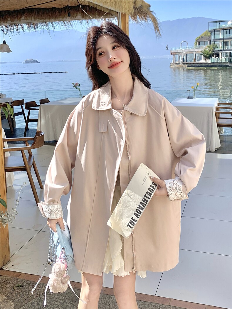 2026春装新款甜美粉色蕾丝袖口韩版休闲中长风衣外套女,女装风衣,时尚风爆