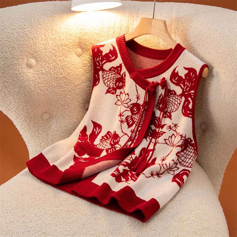 2025年秋季时尚百搭通勤简约休闲鱼花盘扣马甲，女装马甲，盛世绒华