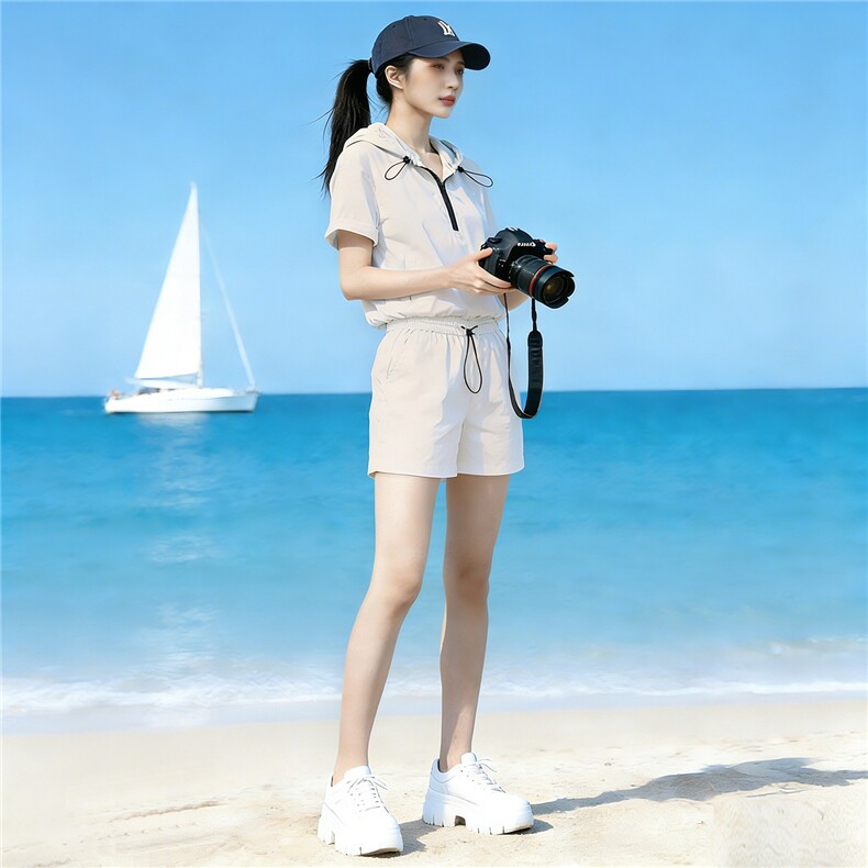 韩版时尚套装女夏季新款洋气减龄连帽半开拉链短袖上衣短裤两件套,女装套装/套裙,江南