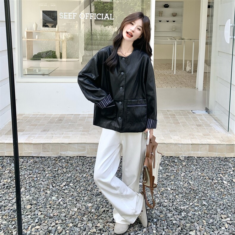 条纹拼接圆领黑色皮衣外套女春秋2025新款小个子流行爆款漂亮夹克,女装皮衣,2C275