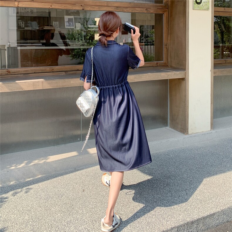 2025夏季新款时髦设计感牛仔连衣裙女复古通勤风短袖单排扣连衣裙,女装连衣裙,1D103