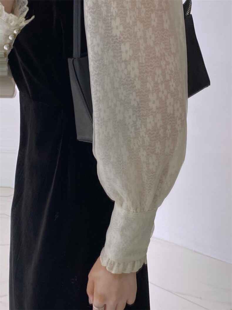 丝绒拼接袖连衣裙，女装连衣裙，驿谷