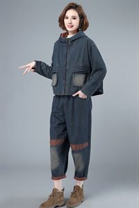 2023冬季新款宽松休闲撞色牛仔套装舒适保暖套装图片