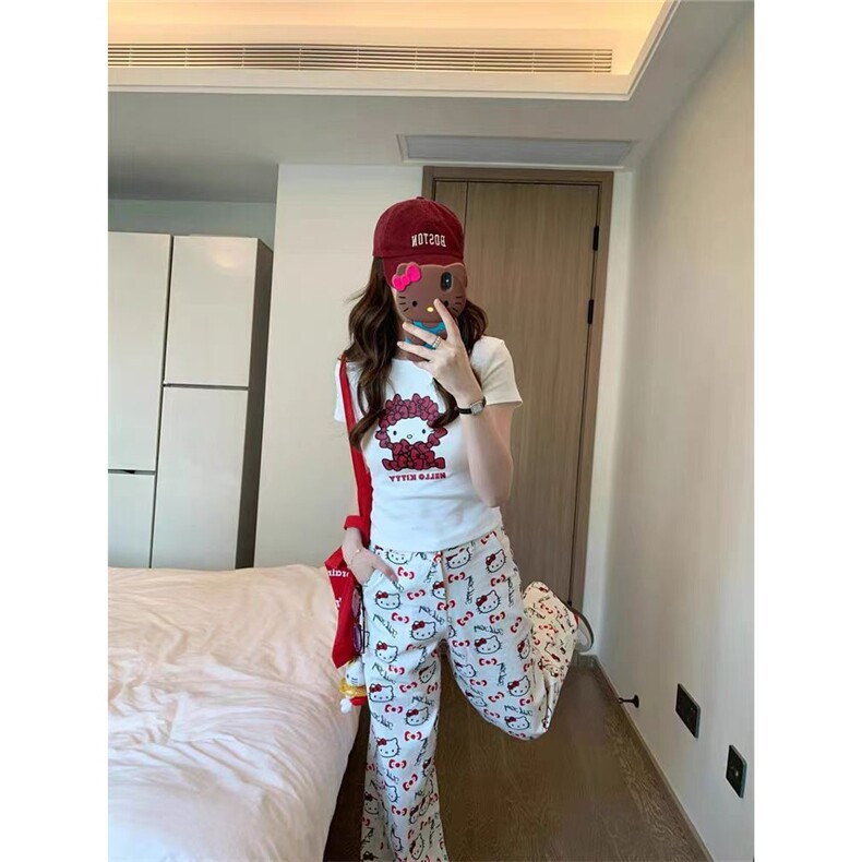 满印HelloKitty白色阔腿裤女夏宽松显瘦直筒裤慵懒百搭休闲拖地裤,男装休闲裤,星座1210-1