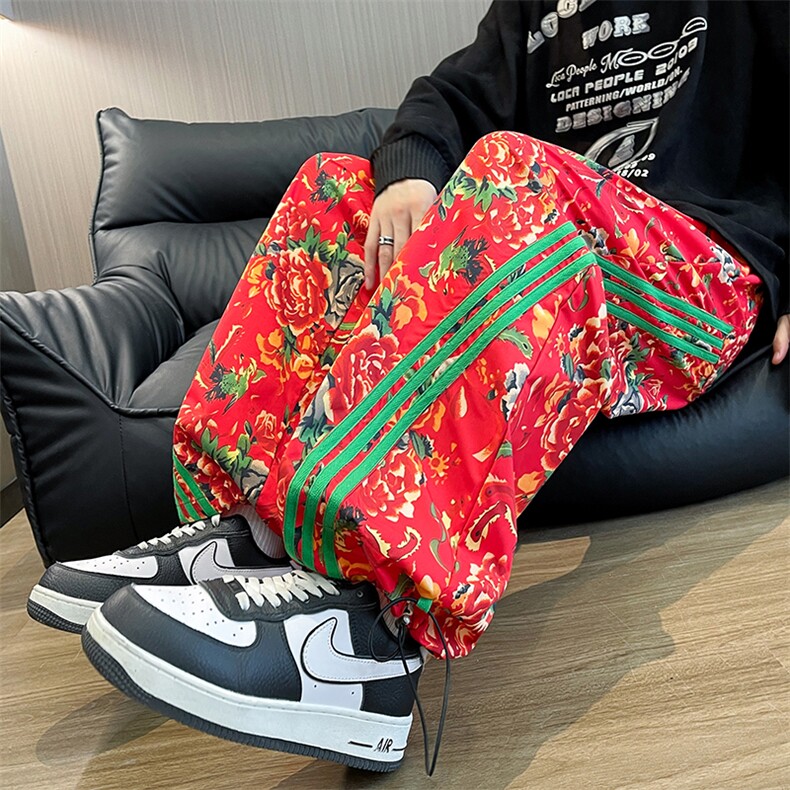 KF1条纹大花休闲裤九分哈伦运动新中式汉服表演出男女裤子团队潮图片