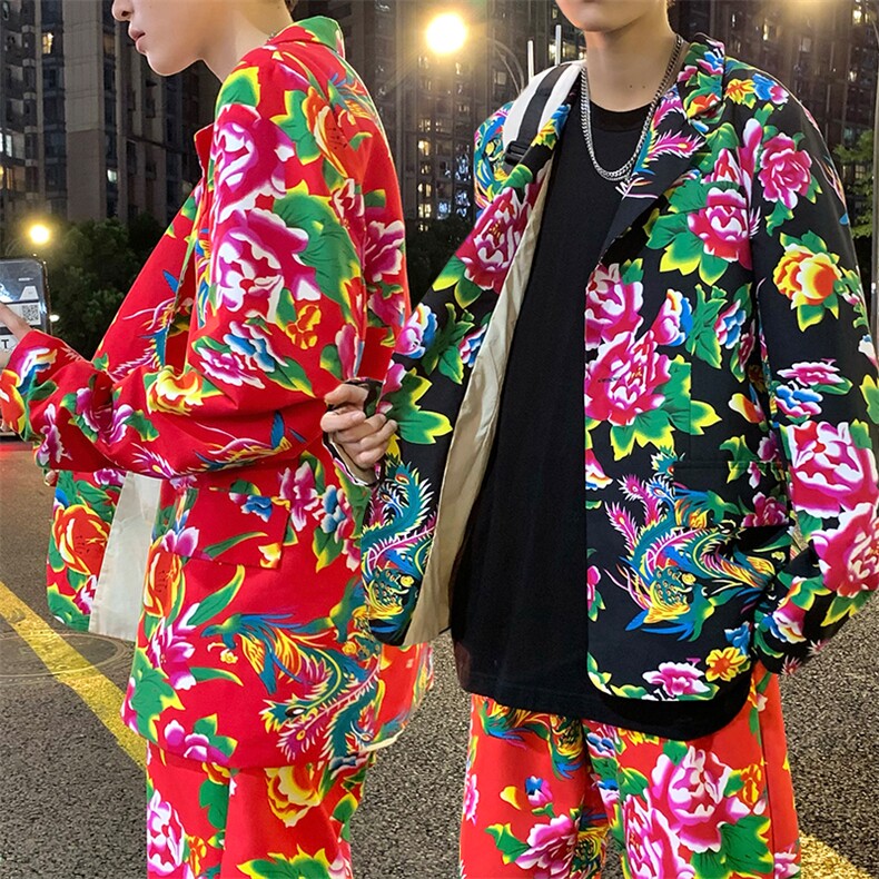 XF01男秋港风文艺休闲大码西服套装西装东北大花民族风特色新中式,男装西服,星座115A(原星座507）