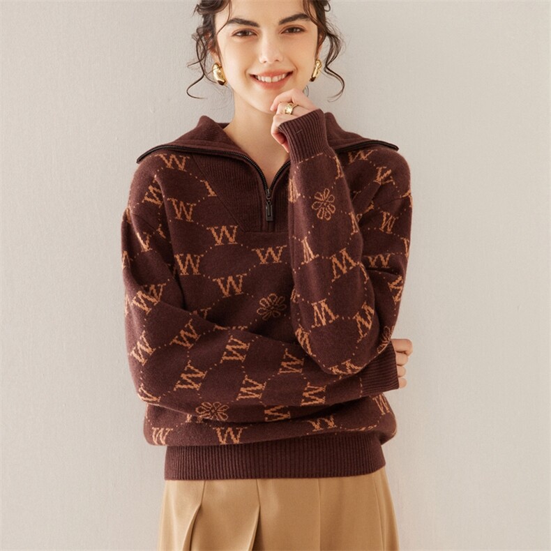 2024秋装新款拉链领菱形格纹宽松显瘦长袖羊绒衫，女装羊绒衫，旭友羊绒