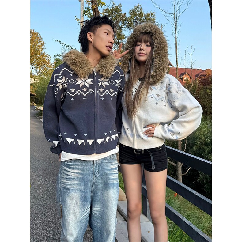 网图有货费尔岛毛领开衫连帽毛衣男女宽松针织衫外套A1121-P70,男装针织衫/毛衣,星座1505