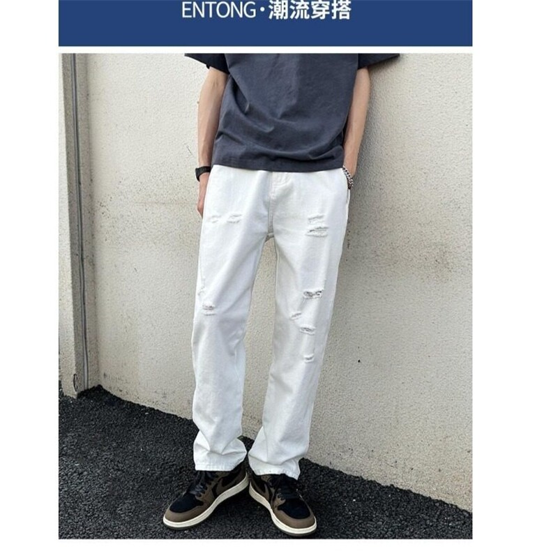 白色裤子男2025新款九分破洞牛仔裤男春季韩版潮流修身弹力小脚裤,男装休闲裤,星座506A