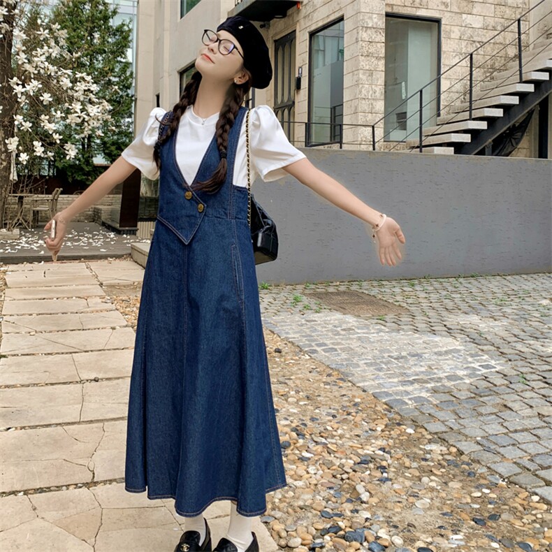 白色t恤薄款牛仔背带连衣裙女夏季新款显瘦气质温柔风长裙，女装连衣裙，帛香坊