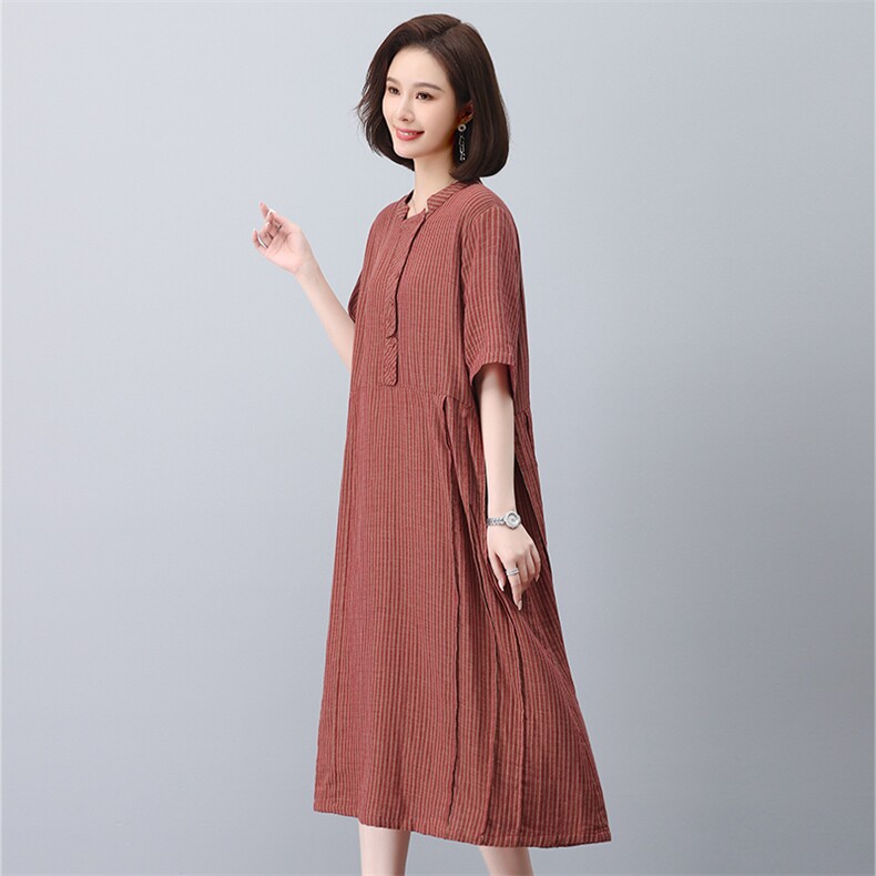 棉麻连衣裙夏季2025新款妈妈遮肚显瘦宽松a字裙亚麻裙子女中长款,女装连衣裙,叶笙衣