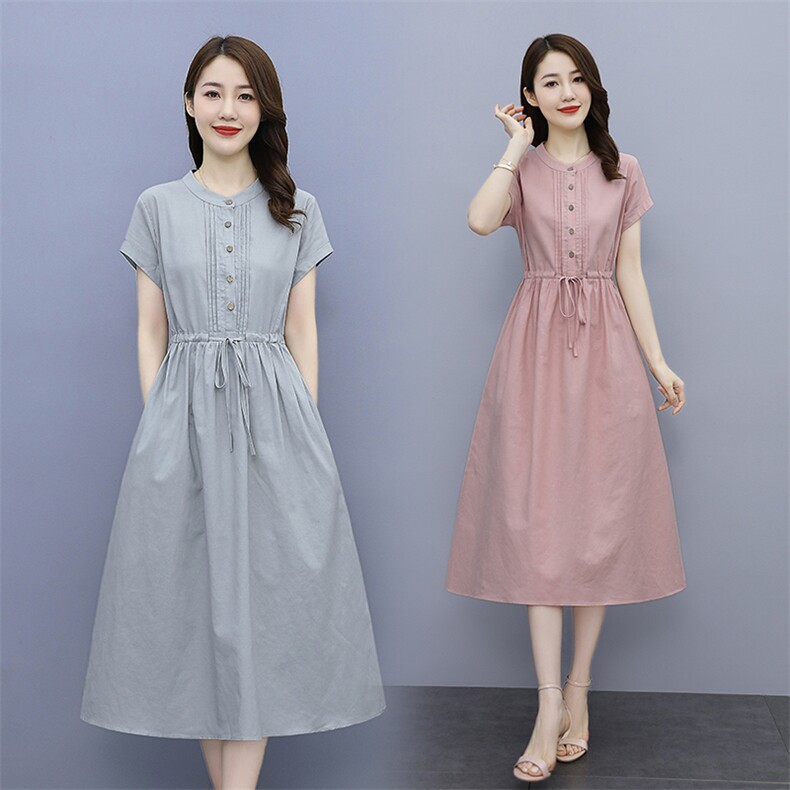 棉麻连衣裙女中长款2025年夏季新款女装文艺减龄短袖宽松亚麻裙子,女装连衣裙,鑫思依格
