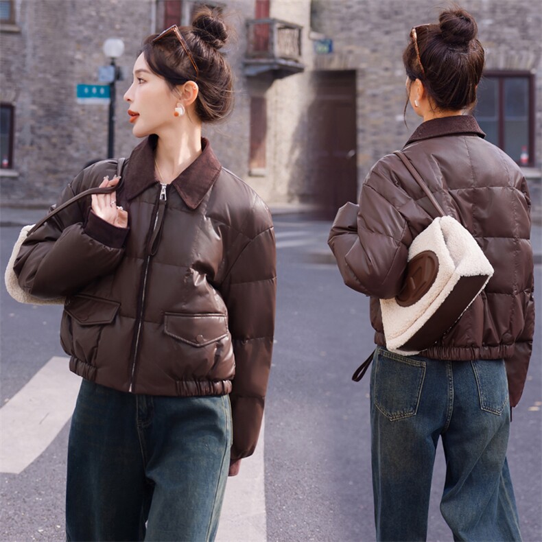 【现货现货】2024新款冬装羽绒服pu蛋白皮拼接灯芯绒短款90白鸭绒,女装羽绒服,雅静靓衣