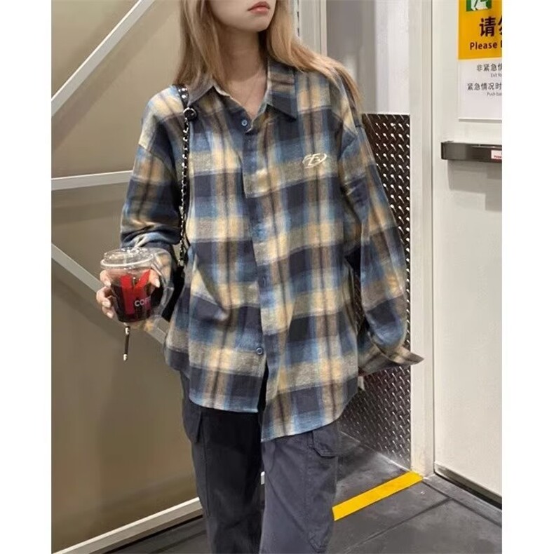 C257-P30春装新款撞色宽松显瘦格子衬衣女外搭洋气减龄外套衬衫，男装T恤，电商B323A