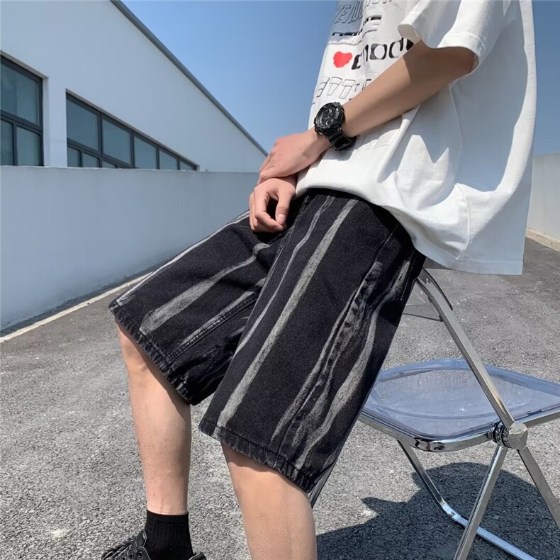 扎染牛仔短裤男日系复古条纹裤子夏季五分裤直筒宽松休闲中裤裤衩,男装牛仔裤,星座410-7