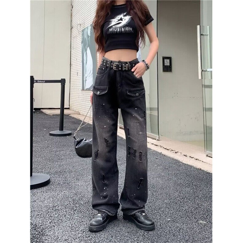 美式高街vibe牛仔工装裤女bf慵懒风春秋情侣款黑色伐木裤直筒裤,女装牛仔裤,星座506A