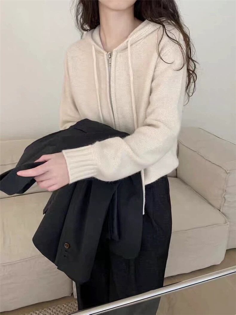 时尚百搭正反针仿羊毛拉链帽衫 显瘦保暖女士针织衫图片