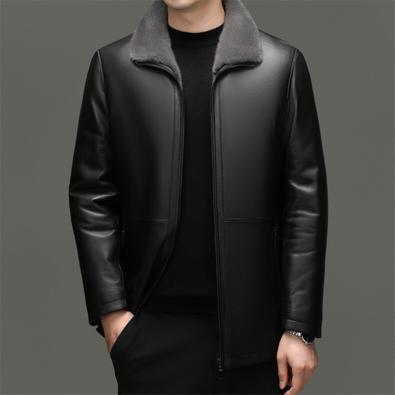 BG-H20501海宁男式山羊皮真皮皮衣男脱卸水貂内胆翻领夹克皮克服图片