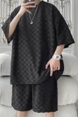 白色高级感套装男夏季薄款华夫格短袖短裤潮牌大码宽松提花两件套，男装休闲套装，电商A141