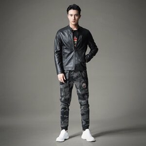 2021 秋季新款男士翻领机车皮外套 修身潮男皮衣 8071-1图片