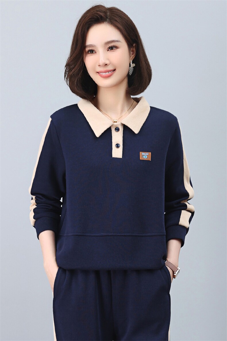 撞色拼接卫衣女短款时尚流行百搭小个子中老年翻领长袖上衣女,女装卫衣/绒衫,涵誉