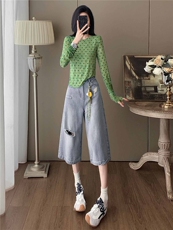 韩系减龄时尚套装女夏季新款绿色波点网纱上衣破洞牛仔中裤两件套，女装套装/套裙，江南